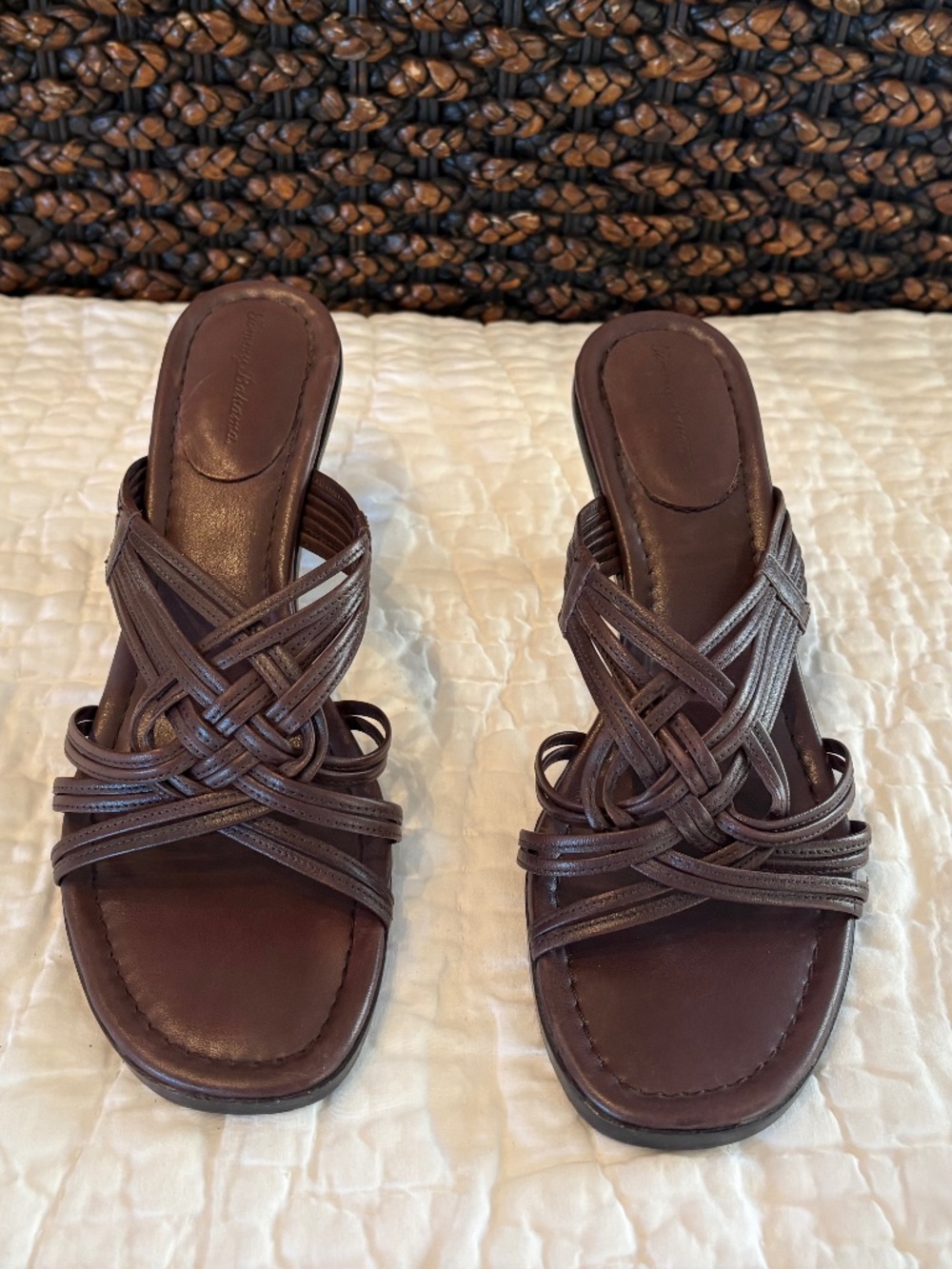 Tommy Bahama Women's 7.5 Brown‎ Braided Leather Strappy Kitten Heeled Sandals